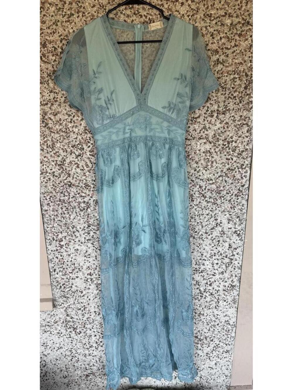 Altar'd State Catania Embroidered Lace Maxi Dress | Size Medium | Sage Blue